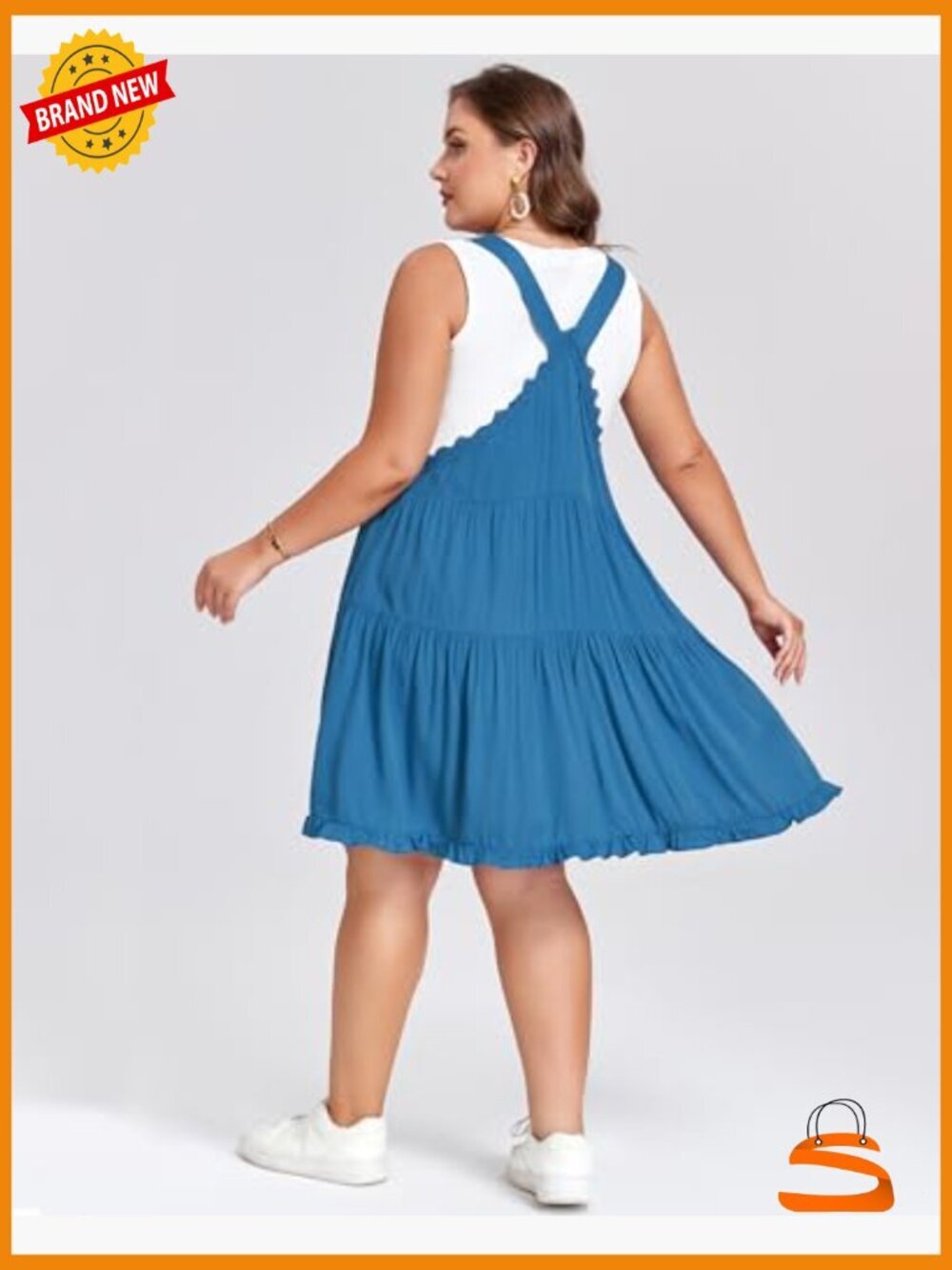 Plus Size Overall Dress Adjustable Straps Lace Trim Tiered Mini Dress with - Picture 6 of 6